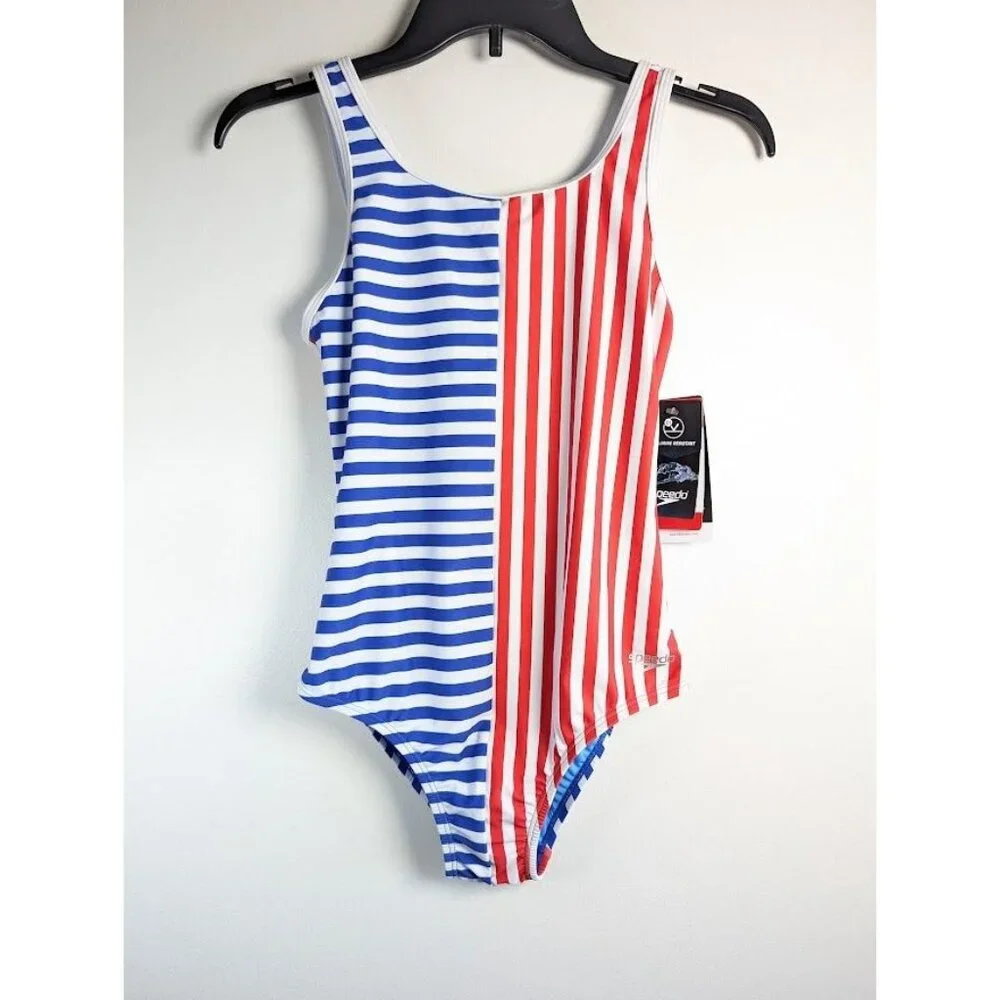 SPEEDO Swimsuit Kid Girls Size 14 One Piece Stripe Chlorine Resistant Summer NEW